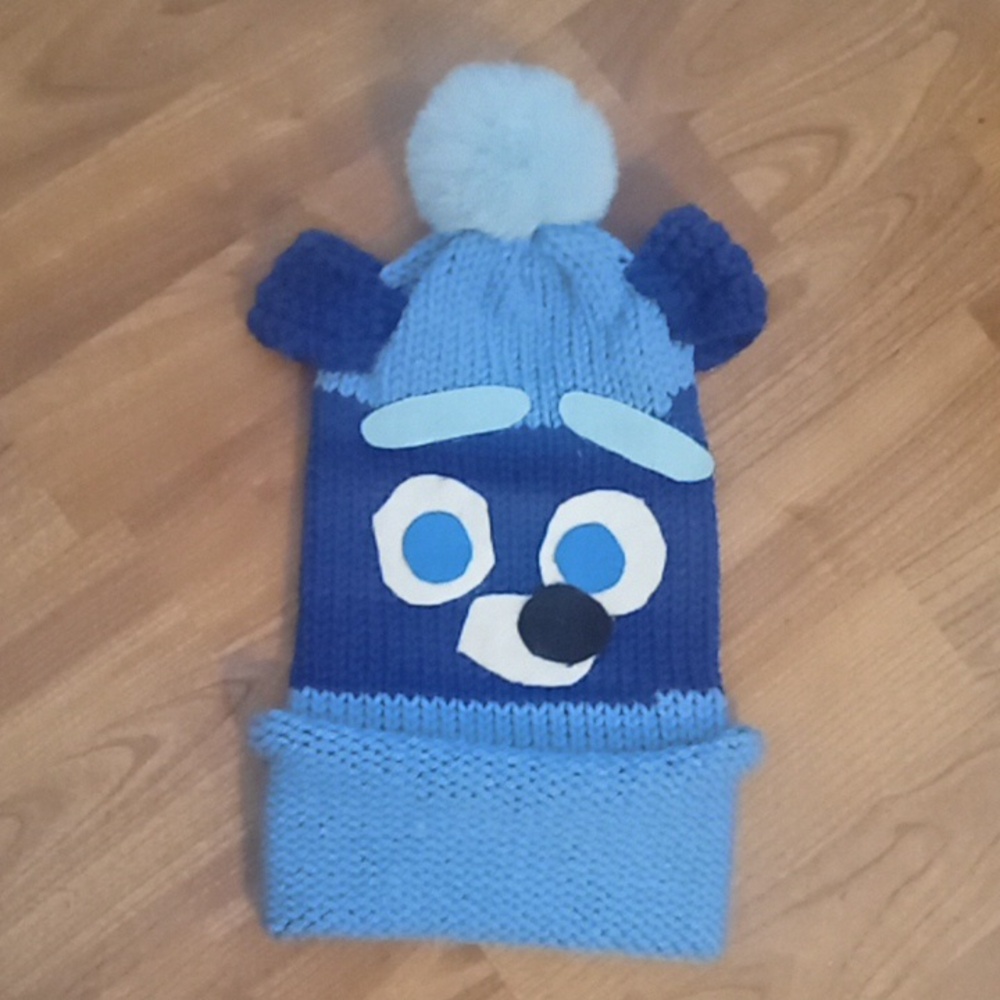 Blue and White Knit Character Beanie bluey dog handmade crochet adult Childs